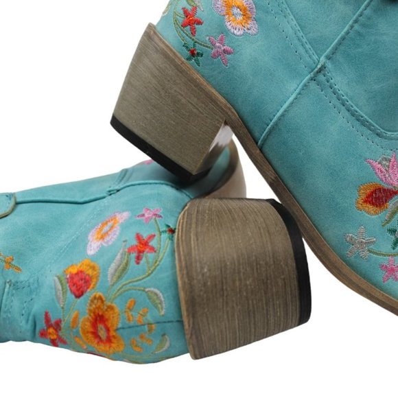 Balajoy 7.5 Blue Cowgirl Embroidery Ankle Boots Floral Western Boho Slipon Comfy - Picture 11 of 16